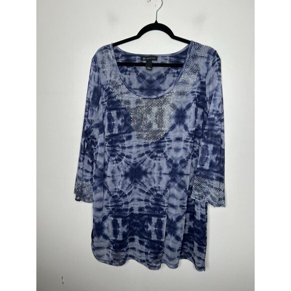 INC International Concepts Womens Top Blue Studded 3/4 Sleeve Blouse Size 2XL - Picture 2 of 9